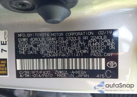 2019 Toyota Prius Prime Plus z USA, uszkodzony, nr VIN JTDKARFP4K3111411